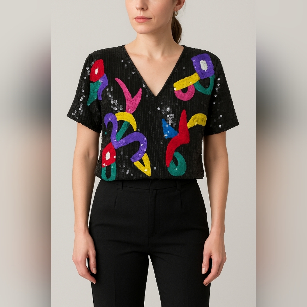 Laurence Kazar Vintage Sequin Art Deco Top Large